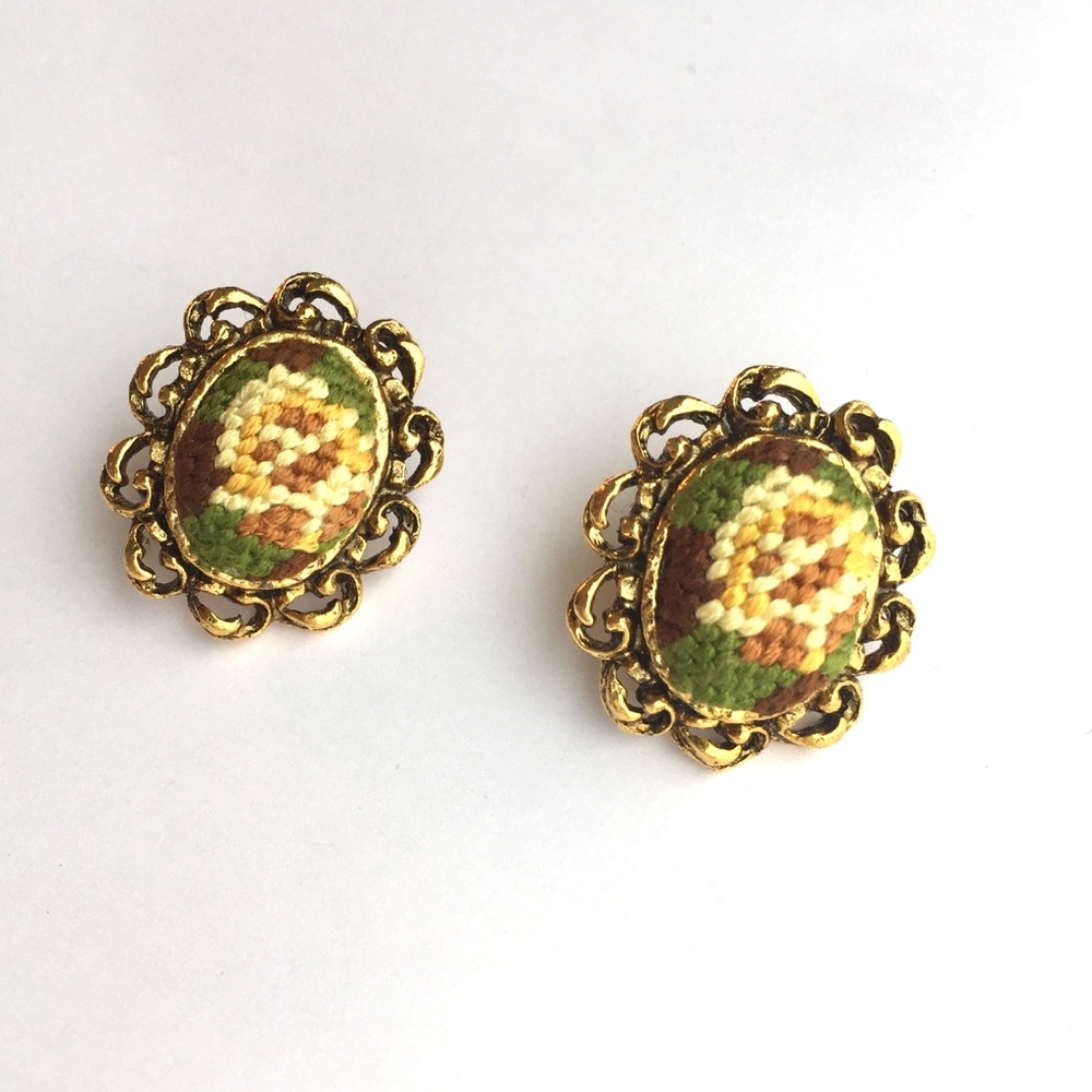 Petit Point Gold Tone flower Screw Back Earrings